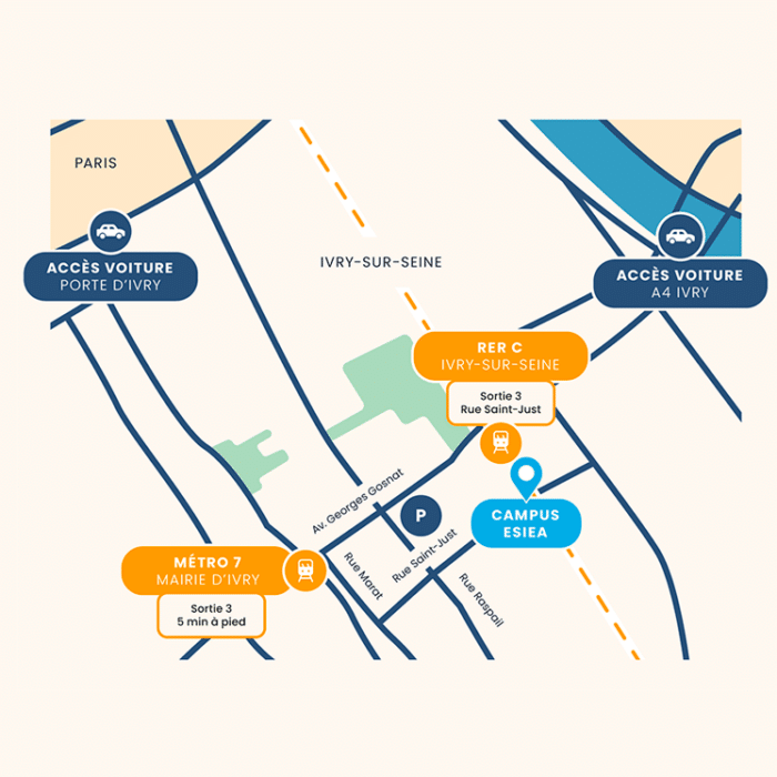 Plan d'accès au nouveau campus de l'ESIEA d'Ivry-sur-Seine