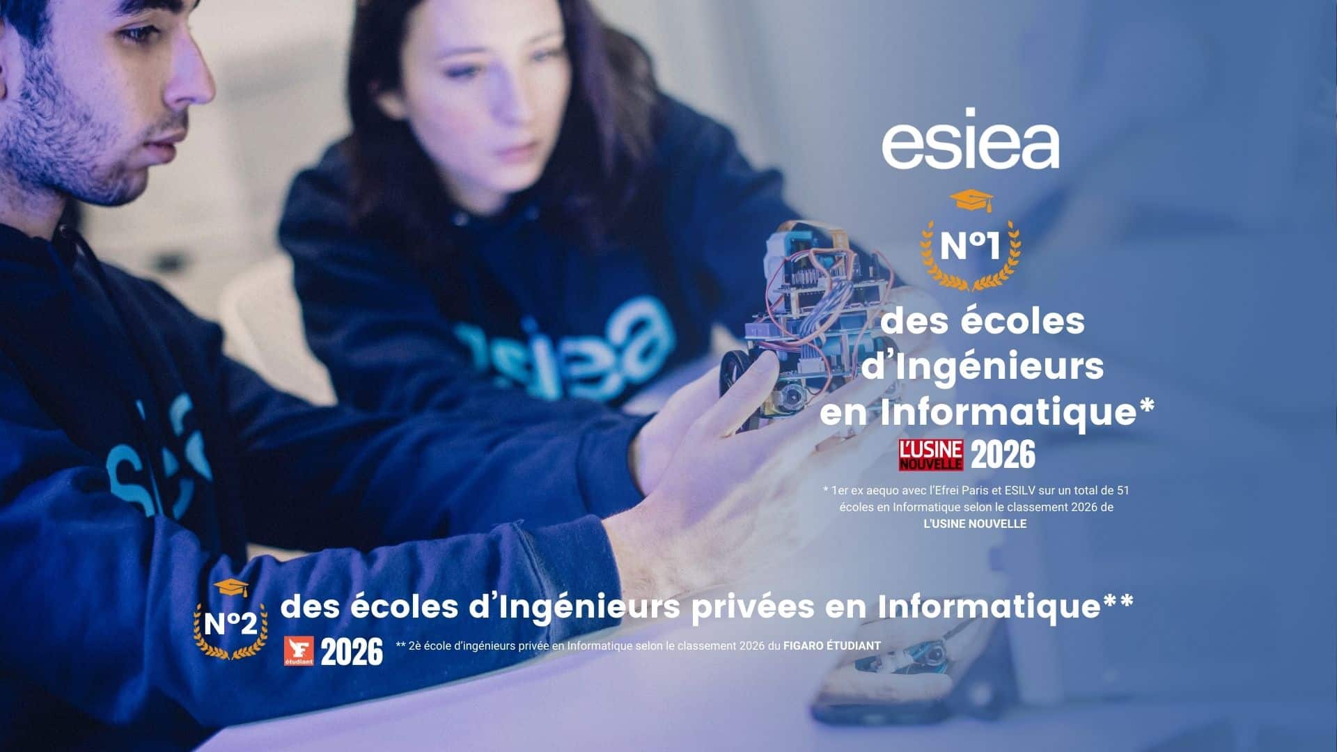 Classement 2026 : l’ESIEA classée N°1 ex æquo des écoles d’ingénieurs en informatique de l'Usine nouvelle et numéro 2 des écoles d'ingénieurs privées en informatique par le Figaro étudiant