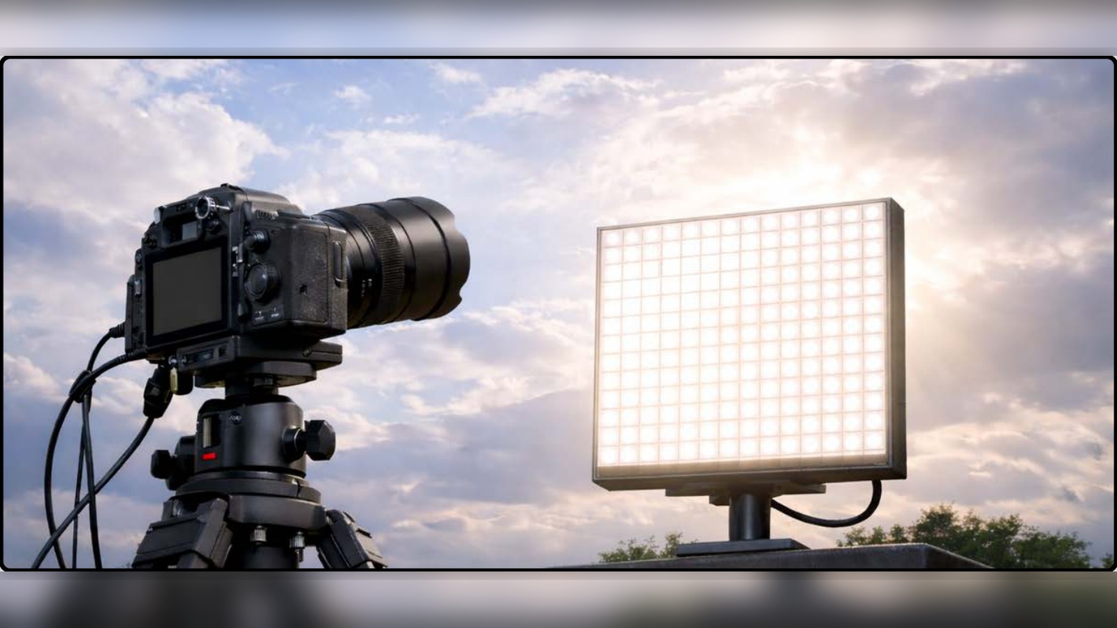 Caméra filmant un panneau à LED conçu pour adapter sa luminosité au ciel