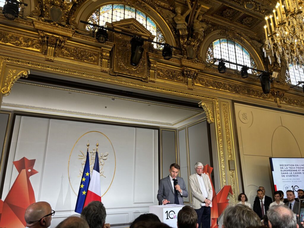 Emmanuel Macron lors de la réception consacrée à la tech française, européenne et internationale au Palais de l’Élysée, le 19 juin 2026.