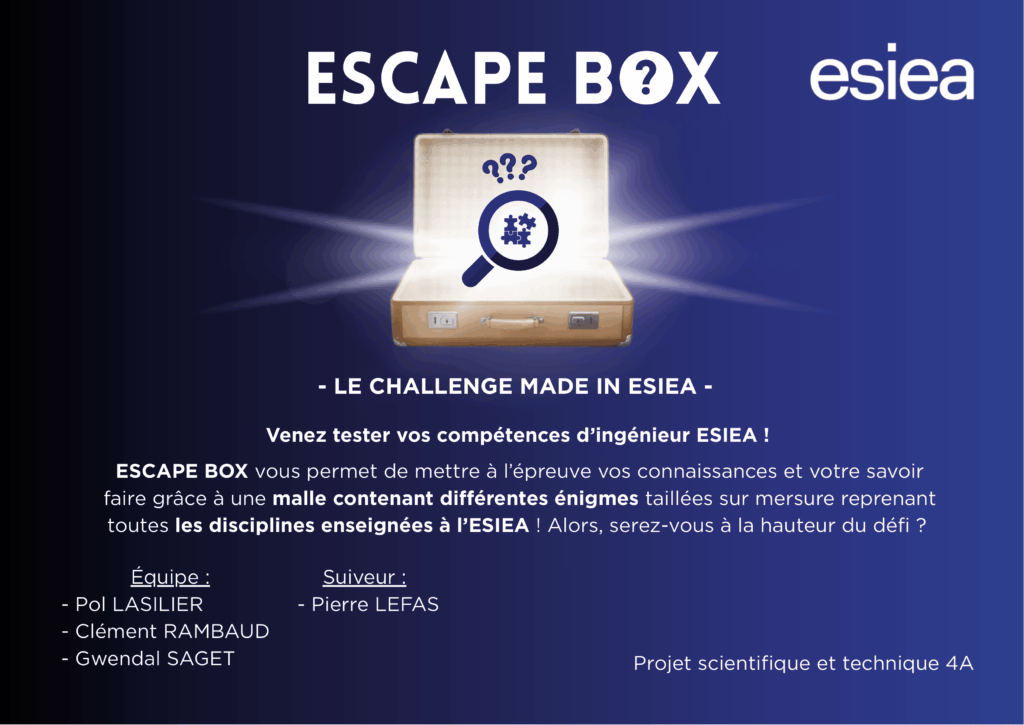 Affiche d'escape box, projet scientifique et technique des étudiants de l'ESIEA Laval