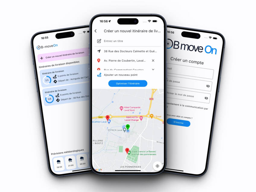 Captures d'écran de l'application B-move on, conçue par des étudiants de l'ESIEA LAVAL